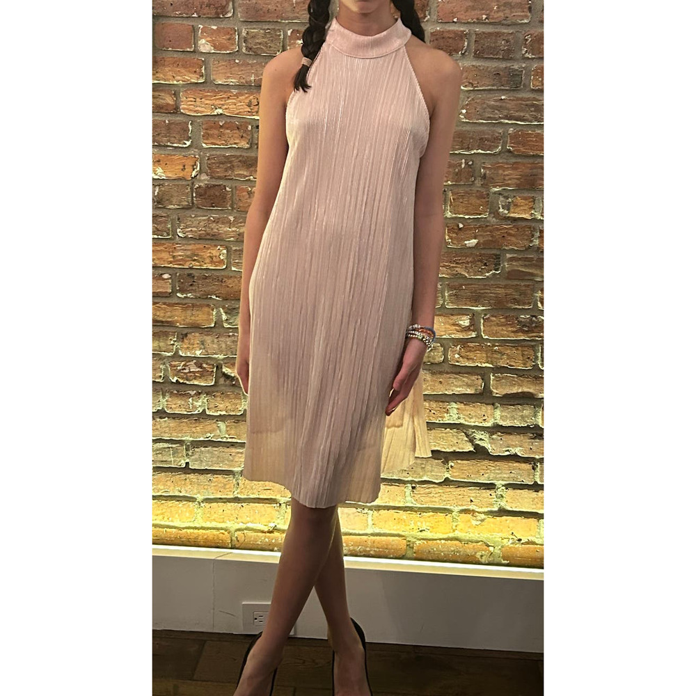 Dainty Hooligan Rose Gold Pink Shimmer Pleated Dress Mini Midi Small S High Neck
